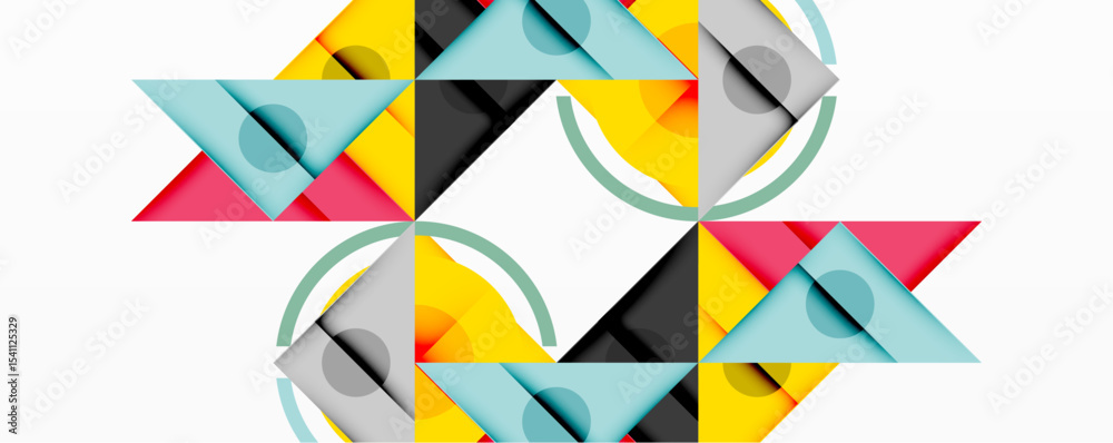 Poster abstract geometric pattern. triangles, circles overlap creating symmetrical design. colors include y