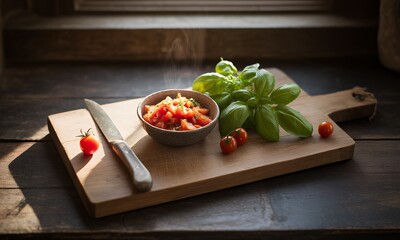 Sunlit Still Life Fresh Tomato Salsa on Wooden Board with Basil and Cherry Tomatoes Perfect for Culinary Decoration Displaying Warm Tones and Rustic Charm Ideal for Healthy Lifestyle Visuals