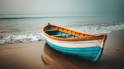 Naklejka premium Weathered Blue Fishing Boat on Sandy Shoreline