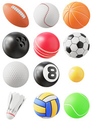 3D Sports Ball Icon Set &ndash; Realistic Colorful Collection of Popular Game Equipment