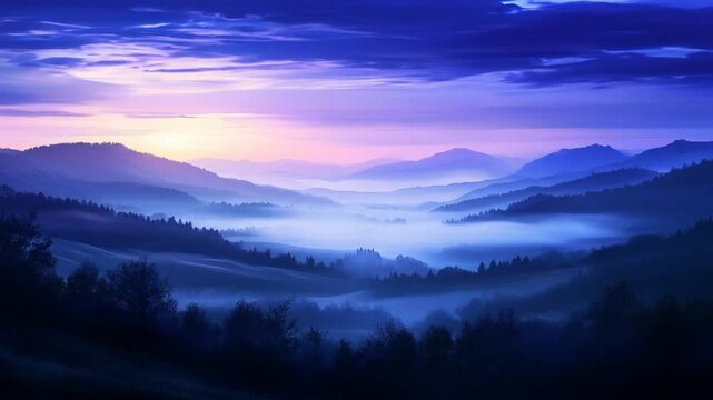 Misty mountains glow with predawn light