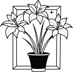 Potted Lily Flower Outline – Decorative Floral Art in Frame with Stars