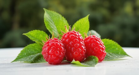 Three Red Raspberries with Green Leaves Adorned with Dew Drops on a White Surface Featuring a Lush Green Background Perfect for Healthy Lifestyle Content Showcasing the Natural Freshness and Beauty