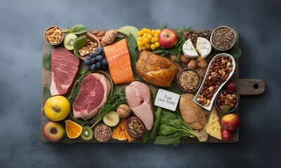 Top Down View of Colorful Assortment of Protein Rich Foods on Wooden Cutting Board Featuring Fresh Raw Meats and Fish Fruits and Nuts with Dark Backdrop Creates a Health and Diet Concept Shot for
