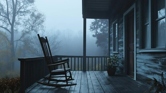 Misty porch retreat with rocking chair