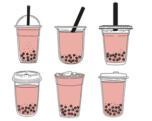 Set of original illustrations of b, hand-drawn in a linear style.  illustrations of glasses with drinks for posters, cards, cafe menus, and graphic design.