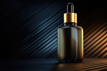 Naklejka premium Dark glass dropper bottle with gold accents on a textured surface.