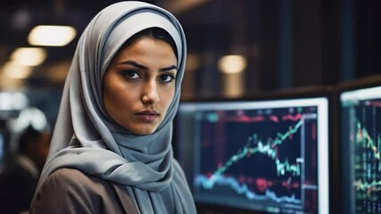 This compelling video captures the serious and concentrated expression of a professional woman in a hijab, embodying intelligence and focus in a dynamic business setting.  - Powered by Adobe