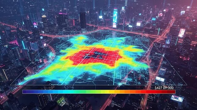 Futuristic Cityscape with Heatmap Overlay: Data Visualization in Motion