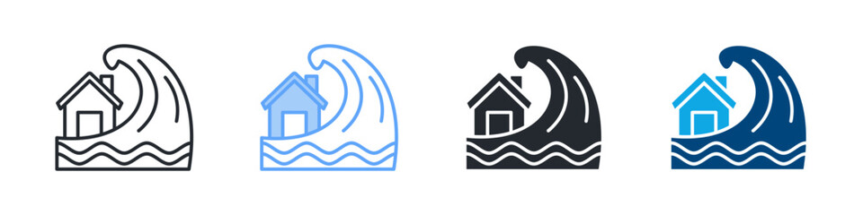Tsunami Icon Set Multiple Style. Design In Outline, Blue, Glyph, Dual Tone