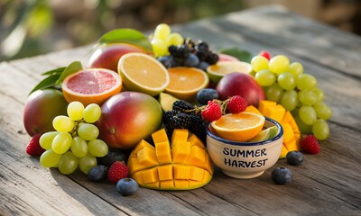 Vibrant Assortment of Fresh Fruits on Rustic Wood Table featuring Mangoes Grapes Oranges and Berries with Natural Sunlight and Eye-Level Perspective Promoting Healthy Lifestyle and Nutritional Diet