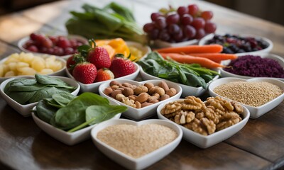 Vibrant Assortment of Fresh Produce in Heart Shaped Bowls on Rustic Wooden Table Offering a Balanced Diet Theme and Emphasizing Nutritional Variety with Strawberries and Spinach for Health and