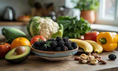 Vibrant Assortment of Fresh Produce on Wooden Tabletop Featuring Blackberries Avocados and Citrus Fruits Complemented by Colorful Vegetables Like Bell Peppers and Cauliflower in Kitchen Setting Fresh