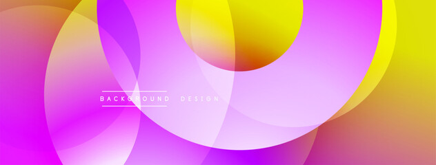 Abstract vibrant background. Overlapping circles create dynamic colorful composition. Pink, purple, yellow hues dominate design. Modern aesthetic.