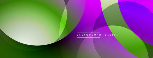 Abstract vibrant background. Overlapping circles create dynamic visual effect. Green, purple hues dominate composition. Modern design element.