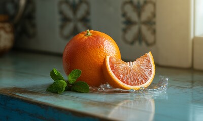 Vibrant Blood Orange with Slice and Fresh Mint on Teal Surface Glistening under Soft Natural Lighting for Healthy Indulgence and Culinary Delight Evoking a Sense of Freshness and Nutrition Detailed
