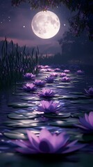 Purple water lily pond Moon outdoor landscape illustration poster background