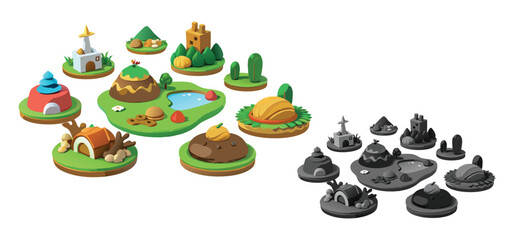 Colorful 3d cartoon miniature landscape elements with vibrant colors and detailed design for creative projects.