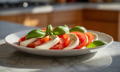 Vibrant Caprese Salad featuring Sliced Tomatoes and Creamy Mozzarella Topped with Fresh Basil Leaves in a Bright Kitchen Setting, Showcasing a Healthy Diet and Mediterranean Cuisine Appeal with