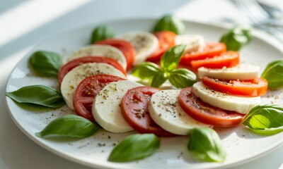 Vibrant Caprese Salad with Fresh Tomatoes and Mozzarella Cheese and Basil Leaves and Ground Black Pepper On White Plate Bathed in Natural Light Eye Level Shot For Healthy Eating and Light and