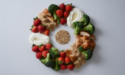 Vibrant Circle of Grilled Chicken Brown Rice Strawberries and Broccoli with Yogurt Drizzles Overhead Flat Lay on White Background Showcasing Balanced Diet in a Studio Light Setting Suitable for