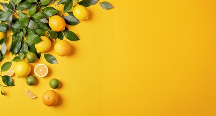 Vibrant Citrus Fruit Flat Lay Display with Bright Yellow Lemons Limes and Lush Green Leaves Arranged on a Saturated Yellow Background Perfect for Decoration and representing Health and Summer Themes