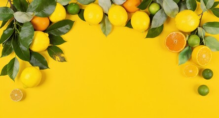 Vibrant Citrus Fruits and Green Leaves Top Down Arrangement On a Bright Yellow Background Displaying Fresh Lemons Oranges and Limes for Healthy Eating Diet and Lifestyle with Copy Space Ideal for