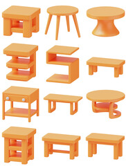3D Orange Minimalist Tables Icon Set - Isometric Modern Furniture Collection