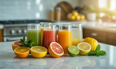 Vibrant Citrus Juices Display: Freshly Squeezed Orange Grapefruit Lemon and Lime Juices with Mint on Marble Countertop in Bright Kitchen Setting Natural Sunlight and Healthy Lifestyle Concept for