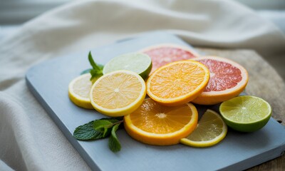 Vibrant Citrus Medley Display Featuring Sliced Oranges Lemons Limes and Grapefruit on Blue Cutting Board with Mint Leaves Accents Against Soft White Linen Backdrop a Refreshing Still Life Composition