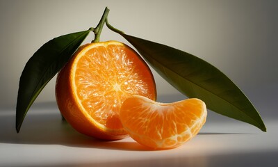 Vibrant Close Up of a Juicy Half Cut Tangerine with Fresh Green Leaves Detailed Segments Illuminated by Soft Natural Light Showcasing Orange Citrus Fruit Against White Background Embodying Health and