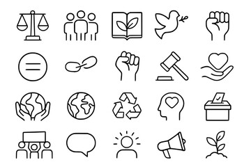 Human Rights and Social Justice Line Icons Set. Human rights, justice, equality, freedom, responsibility, community, teamwork, education, knowledge, peace, dove, protest, fist, gavel, law, heart, love