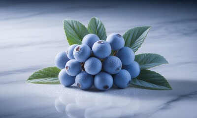 Vibrant Close Up of Fresh Blueberries with Water Droplets and Green Leaves on White Marble Surface Showcasing Natural Beauty and Dietary Wellness, Symbolizing Healthy Lifestyle and Purity