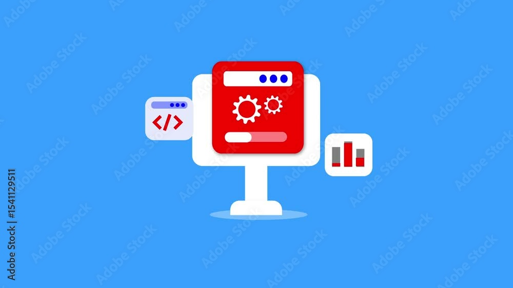 Poster animated computer screen displays coding and web development icons. bright blue background highlight