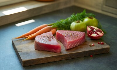 Vibrant Culinary Composition with Raw Tuna Steaks and Fresh Vegetables on Wooden Board a Harmony of Colors and Textures Comprising Carrots Dill Pomegranates and Green Onions on Dark Grey Surface