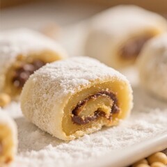 Delicate pastry rolls filled with chocolate and nuts, dusted with powdered sugar