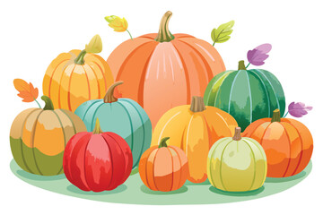 This vector illustration depicts a seasonal set of orange pumpkins, perfect for Halloween, autumn harvest, or Thanksgiving decorations