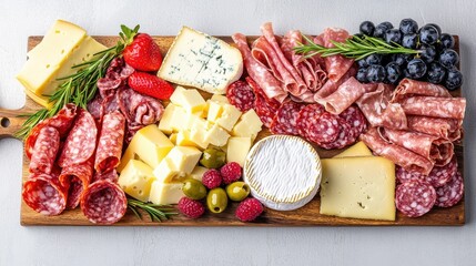 Artisan Charcuterie Board with Selection of Cheeses, Meats, Fruits, and Herbs for Gourmet Dining Experience