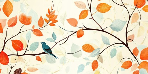 A colorful autumnal scene with a bird perched on a branch adorned with leaves in shades of orange, yellow, and brown, set against a beige background with a subtle gradient effect.
