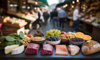 Fototapeta premium Vibrant Eye-Level Display of Fresh Foods Featuring Meats Cheese and Fruits Arranged on Rustic Wooden Board with Blurred Market Background Promoting Healthy Eating and Balanced Diets Featuring Raw