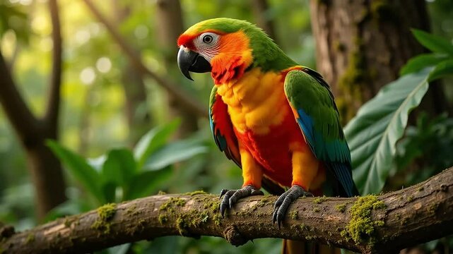 Vibrant tropical parrot perched on tree branch in forest
