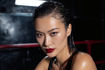 Intense portrait of an athletic woman with wet hair and sweat, in a boxing ring setting showcasing strength and determination.