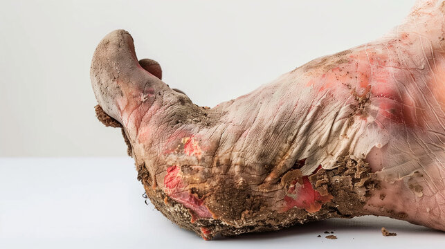 Close-up of a human foot displaying severe fungal infection symptoms including redness, peeling skin, and inflammation, highlighting dermatological conditions like athlete's foot or tinea pedis