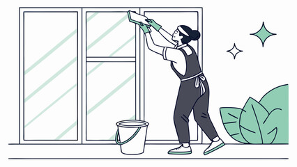 Woman cleaning windows with a bucket and cleaning cloth.