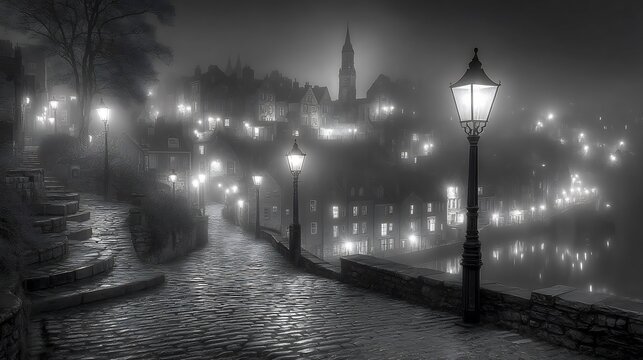 Fototapeta Misty Night in a Cobblestone Town
