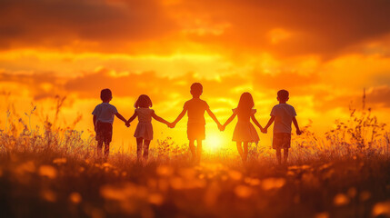 silhouette of a group of people raising their hands together on a hilltop during sunset, golden hour lighting, soft orange tones. Ai Generated Images