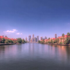 Obraz premium Panoramic cityscape view of a city, with a river in the foreground
