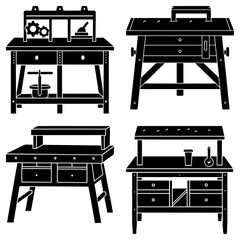 Fototapeta premium Four carpentry benches with various designs and tools displayed in a black and white illustration style