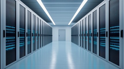 Modern data center interior design showcasing server racks with blue lights in a clean environment