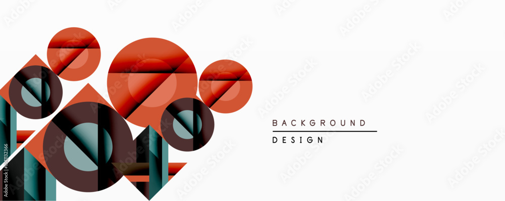 Poster Abstract geometric composition. Overlapping circles, squares create dynamic visual effect. Warm, cool colors contrast against white space. Modern design element.